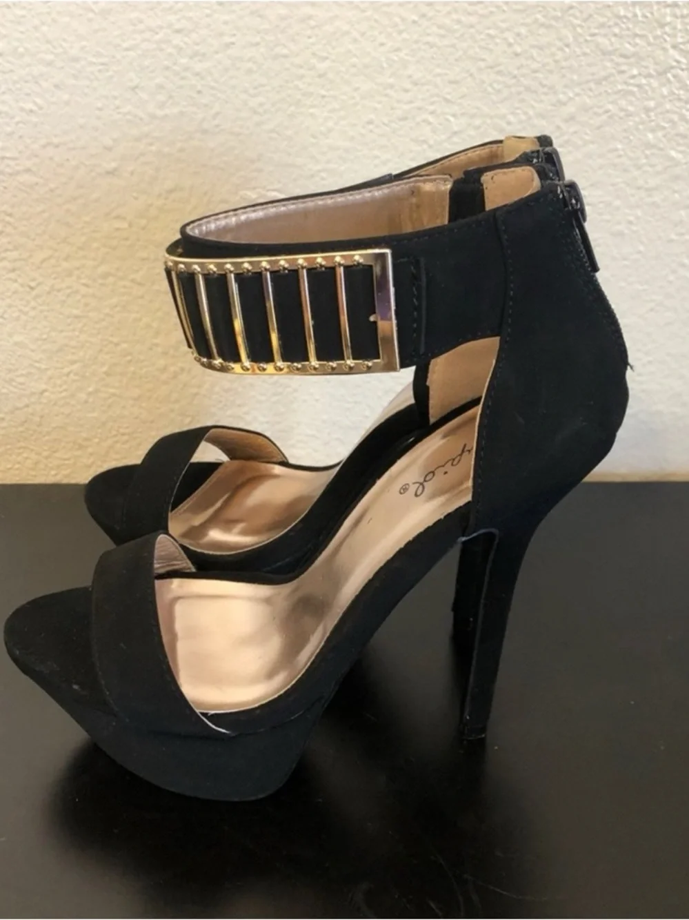 Women's Black Platform High Heel Sandals with Gold Accent Ankle Strap
